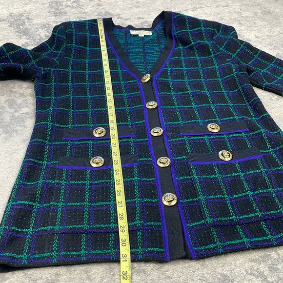 SOLD St John Signature Santana Knit Longline Cardigan Sweater Plaid Quiet Lux L - Picture 4 of 9